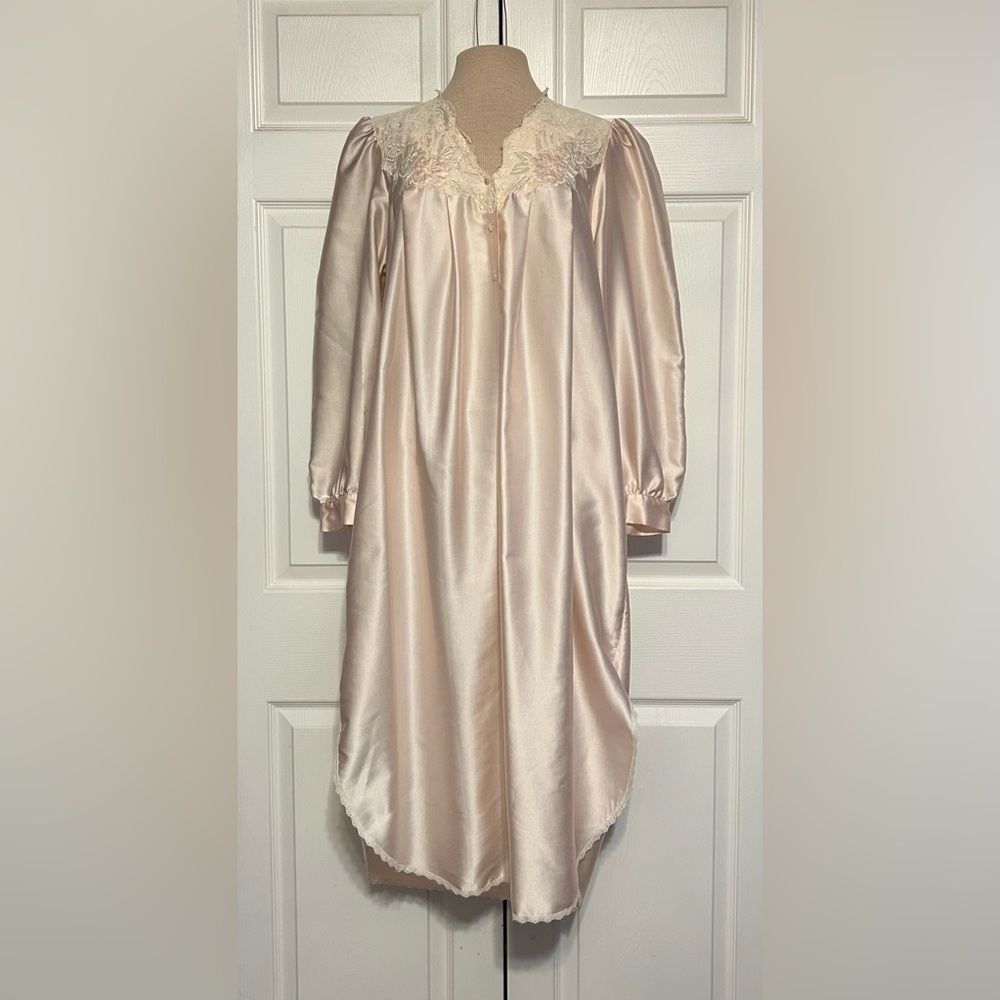 Vintage Sara Beth Lace Pink Floral Satin Flannel Lined Nightgown‎ Dress